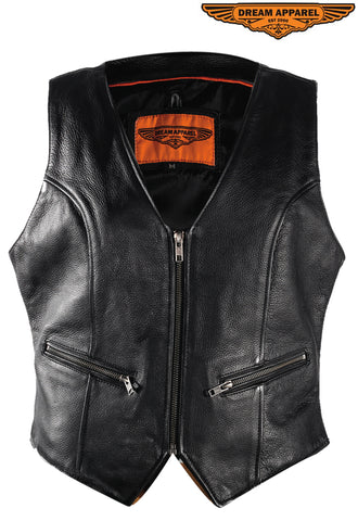 Womens Biker Leather Vest With Gun Pockets