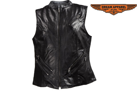 Womens Leather Motorcycle Vest With Two Deep Gun Pockets