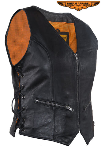 Womens Leather Motorcycle  Zip Up Leather Vest With Concealed Carry