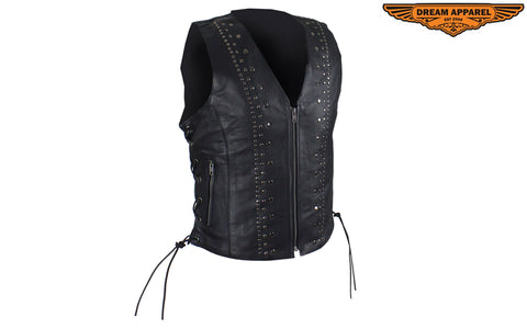 Womens Leather Motorcycle Vest With Satin Nickel Studs