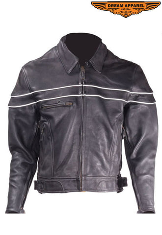 Mens Leather Racer Motorcycle Jacket With Reflective Piping