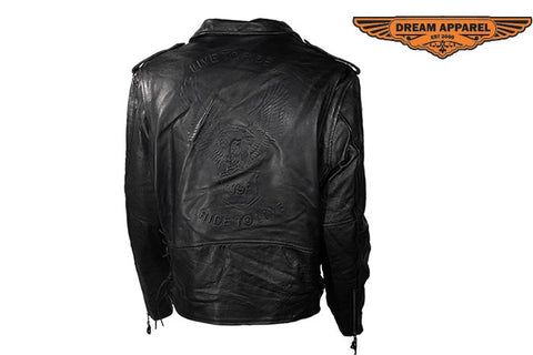Men's Black Motorcycle Leather Jacket With Eagle