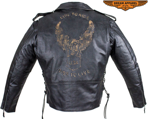 Mens Leather Motorcycle Jacket With Eagle