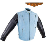 Men's Denim-like Leather Racer Jacket W/ Removable Sleeves
