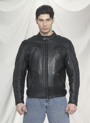 Men's Black Split Cowhide Leather Racer Jacket W/ Adjustable Velcro Straps
