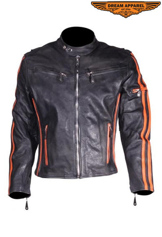 Mens Racing Leather Motorcycle Jacket With Orange Stripes
