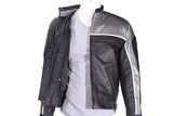 Mens Black and Silver Racer Leather Motorcycle Jacket