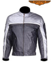 Mens Black and Silver Racer Leather Motorcycle Jacket