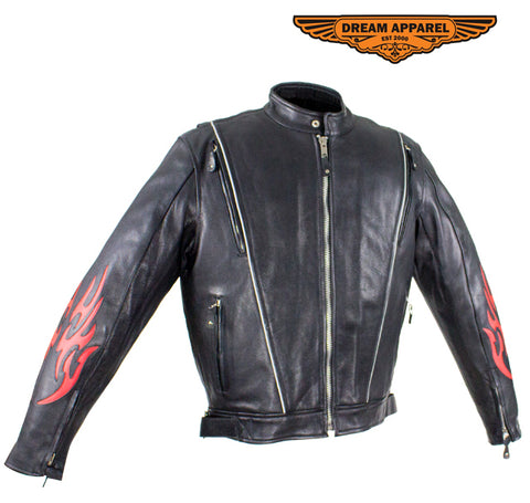 Mens Leather Motorcycle Racer Jacket With Flames