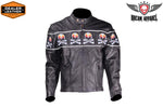 Mens Black Racer Leather Motorcycle Jacket With Flaming Reflective Skulls