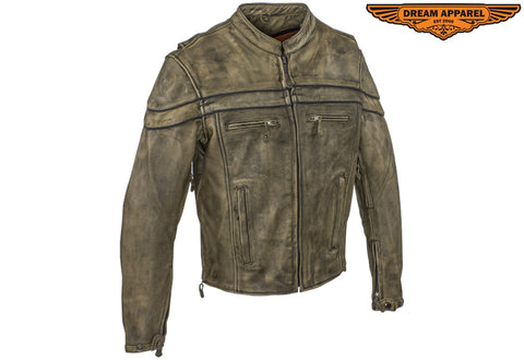 Mens Distressed Brown Leather Motorcycle Jacket With Zipper On Front
