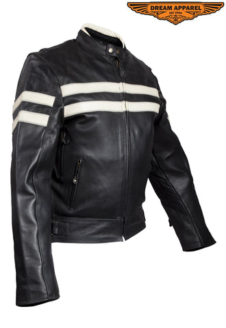 Mens Leather Jacket With Cream Stripes