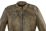 Mens Distressed Brown Leather Motorcycle Jacket With Diamond Pattern