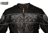 Men's Leather Concealed Carry Racing Jacket with Reflective Skulls