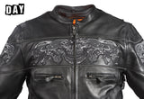 Mens Leather Jacket With Sleek Collar and Reflective Skulls & Gun Pockets