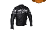 Mens Leather Jacket With Sleek Collar and Reflective Skulls & Gun Pockets