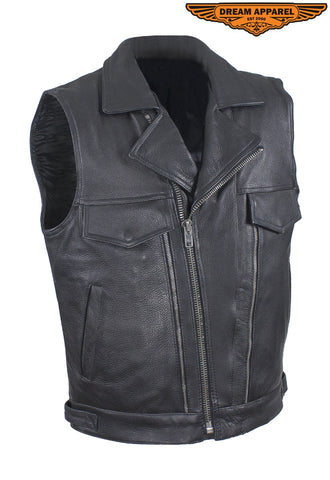 Mens Leather Motorcycle Vest With Two Deep Gun Pockets