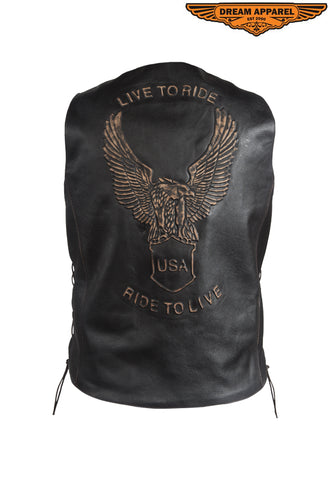 Mens Retro Black Leather Vest With USA Eagle Embossed