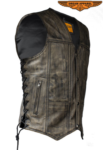 Mens Distressed Brown Motorcycle Vest With 10 Pockets