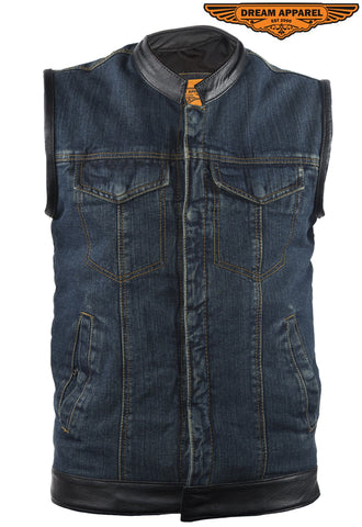 Mens Blue Denim Motorcycle Vest With Two Gun Pockets