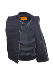 Mens Black Denim Motorcycle Vest With Zipper & Button Snap Front Closure