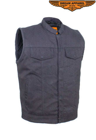 Mens Black Denim Motorcycle Vest With Zipper & Button Snap Front Closure