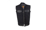 Mens Black Motorcycle Canvas Club Vest With Zipper