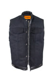 Mens Black Motorcycle Canvas Club Vest With Zipper