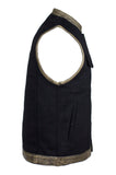 Black Canvas Motorcycle Vest with Distressed Brown Leather Trim
