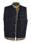 Black Canvas Motorcycle Vest with Distressed Brown Leather Trim