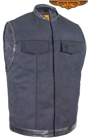 Mens Black Motorcycle Canvas Club Vest With Zipper