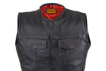 Mens No Collar Leather Motorcycle Club Vest with Red Liner