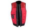Mens Zippered No Collar Leather Motorcycle Club Vest with Red Liner