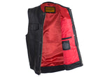 Mens Zippered No Collar Leather Motorcycle Club Vest with Red Liner