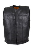 Mens No Collar Leather Motorcycle Club  Vest With Black Liner