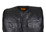 Mens Leather Motorcycle Club Vest With Zipper & No Collar