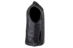 Mens Motorcycle Club Leather Vest With Fold Collar & Hidden Snaps