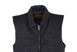 Men’s Black Denim Motorcycle Club Vest with Folded Collar & Hidden Snaps