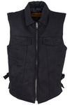 Men’s Black Denim Motorcycle Club Vest with Folded Collar & Hidden Snaps