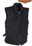 Men’s Black Denim Motorcycle Club Vest with Folded Collar & Hidden Snaps