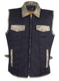 Men's Motorcycle Club Vest with Distressed Brown Leather Trim