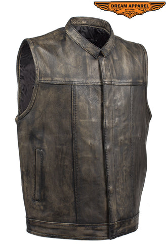 Mens Distressed Brown Leather Motorcycle Club Vest