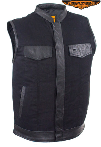 Mens Black Denim Biker Vest With Leather Trims & Front Zip Up