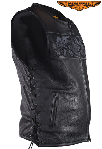 Mens Leather Vest With Reflective Skulls & Gun Pockets