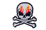 Silver Metallic with Flames Skull Crossbones Patch