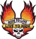 "Ride to Live /  Live to Ride" Skull with Flame / Wing