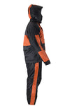 Two-Piece Black & Orange Rain Suit With Zippered Side Seams