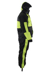 Two-Piece Black & Fluorescent Rain Suit With Zippered Side Seams