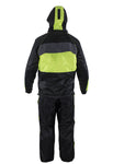 Two-Piece Black & Fluorescent Rain Suit With Zippered Side Seams