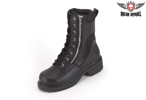 Wide Biker Boots With Lace Up Front & Side Zipper